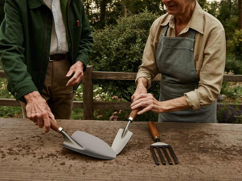 Ergonomische Handschaufel, Handgabel und Gartenschere mit gepolsterten Griffen auf einem Holztisch