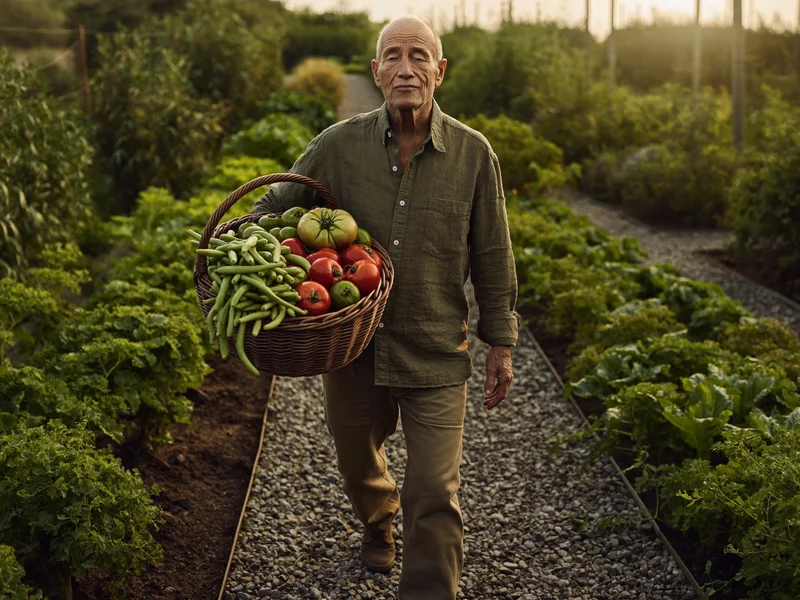 Älterer Gärtner trägt einen Korb frisch gepflückter Tomaten und Bohnen über den Kiesweg